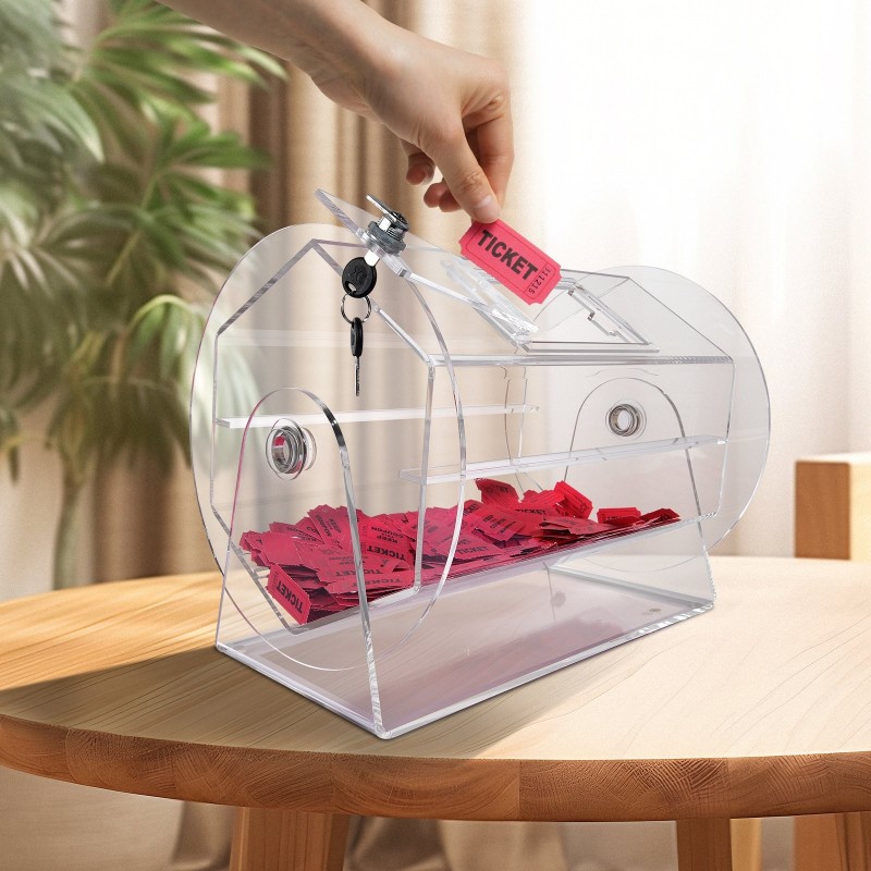 Akryylinen läpinäkyvä arpomisrumpu 5000 lipuketta tai 200 arpakuulaa lukittava ovi