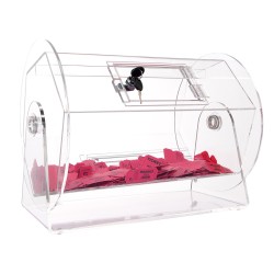 Akryylinen läpinäkyvä arpomisrumpu 5000 lipuketta tai 200 arpakuulaa lukittava ovi