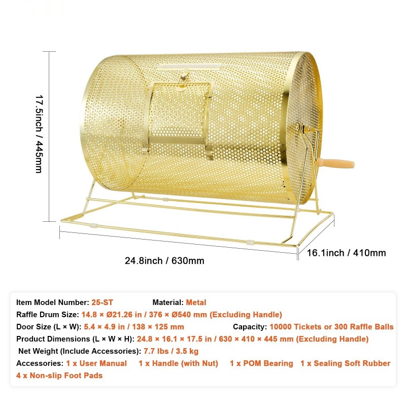 Arpajaisrumpu metallinen messinkipinnoitettu 376×540 mm 10000 arpaa tai 300 pingispalloa