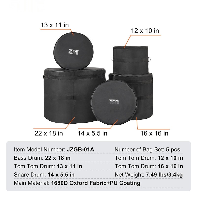 Rumpulaukkusetti 5-osainen 1680D Oxford-kangas PU-pinnoite pehmustetut laukut sisältää tomit ja virvelin