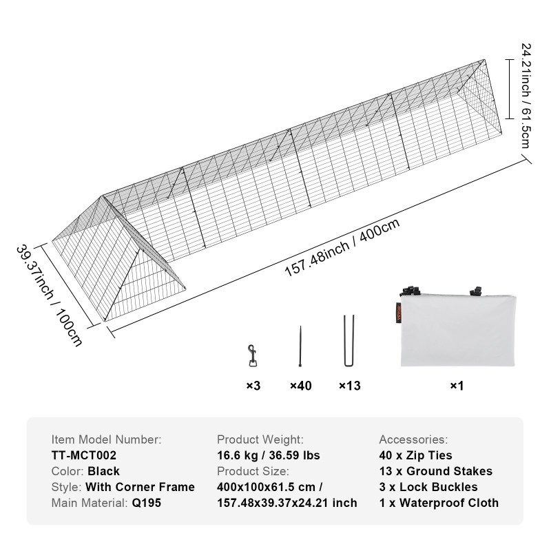 Kana- ja pieneläintunneli teräsrunko 400×100×61,5 cm kulmakehyksellä