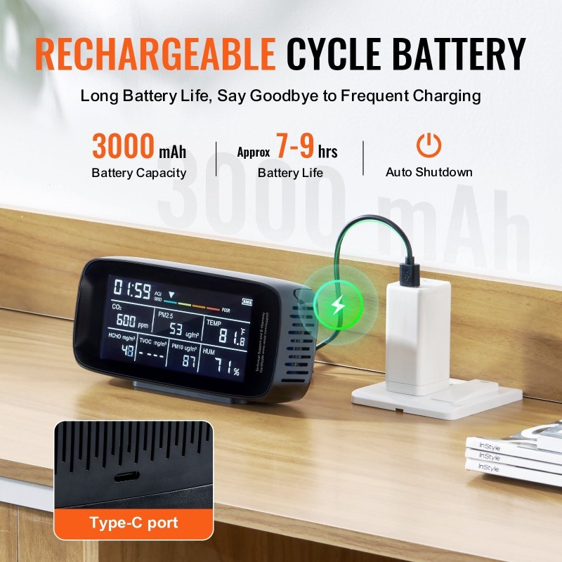 Ilmanlaadun mittari ABS-muovinen 5,7 tuuman näytöllä 9-toimintoinen sisä- ja ulkokäyttöön