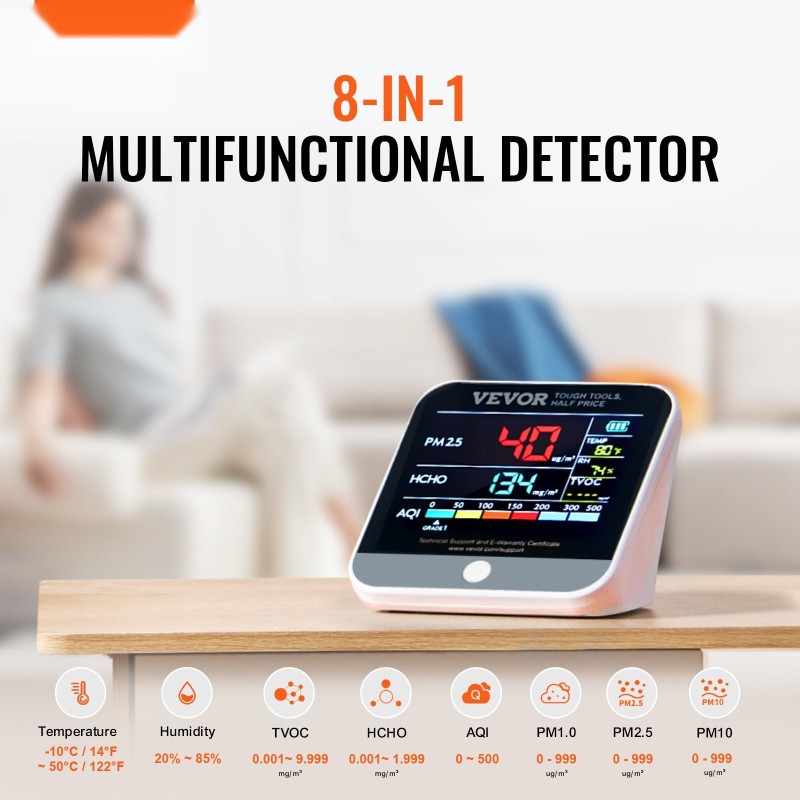 Ilmanlaadun mittari ABS-muovi 100×78×78 mm ladattava kahdeksantoimintoinen PM2.5 PM10 PM1.0 HCHO TVOC