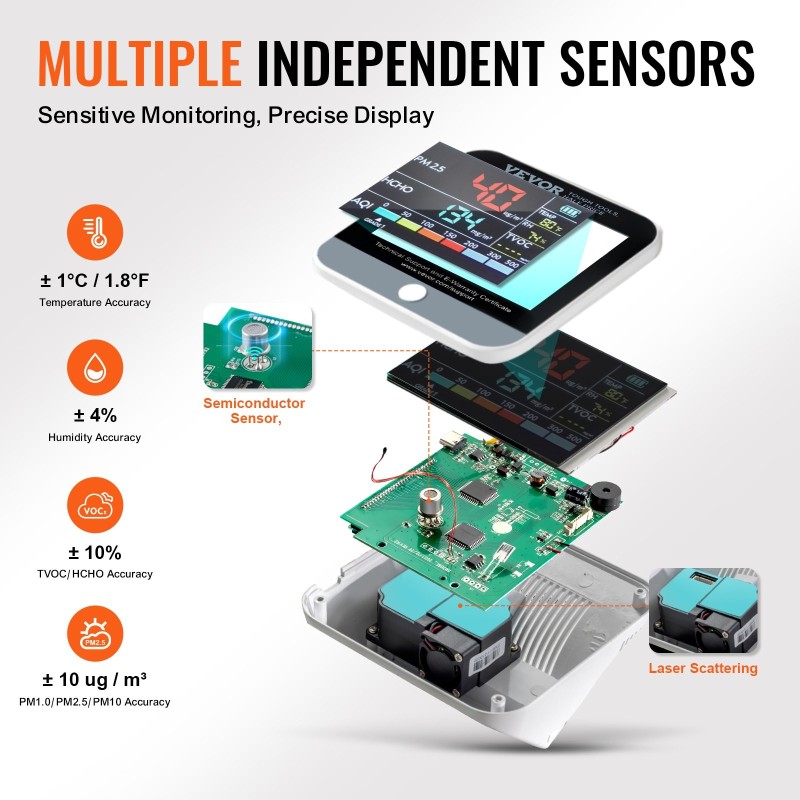 Ilmanlaadun mittari ABS-muovi 100×78×78 mm ladattava kahdeksantoimintoinen PM2.5 PM10 PM1.0 HCHO TVOC