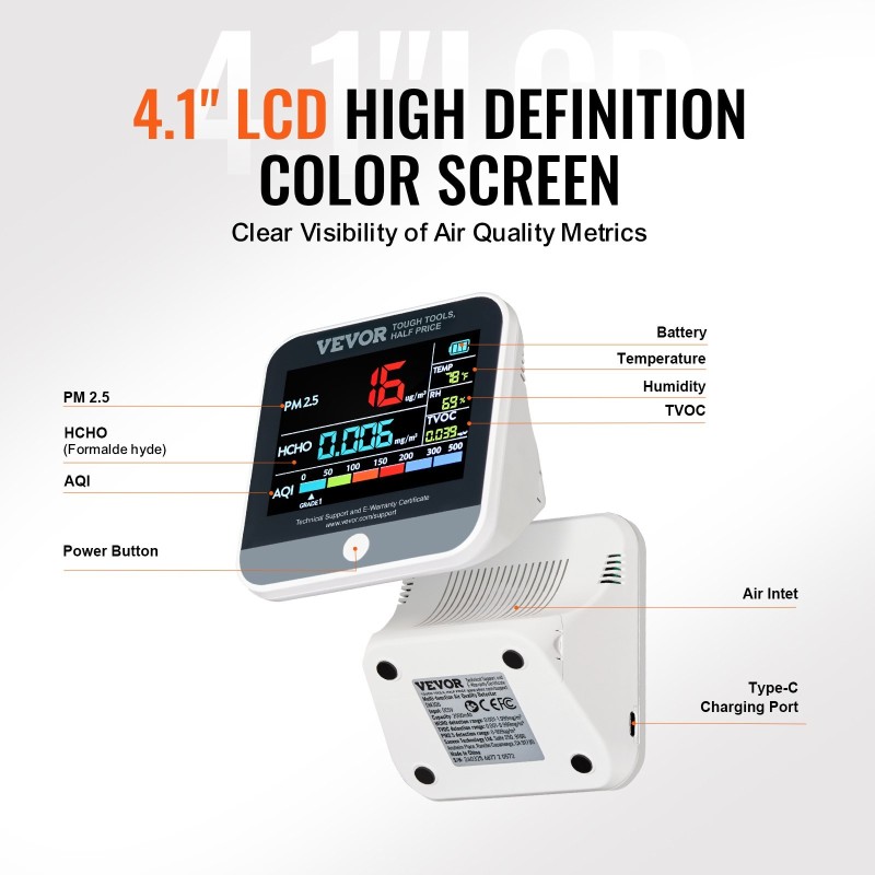 Ilmanlaadun mittari ABS-muovi 100×78×78 mm ladattava kahdeksantoimintoinen PM2.5 PM10 PM1.0 HCHO TVOC