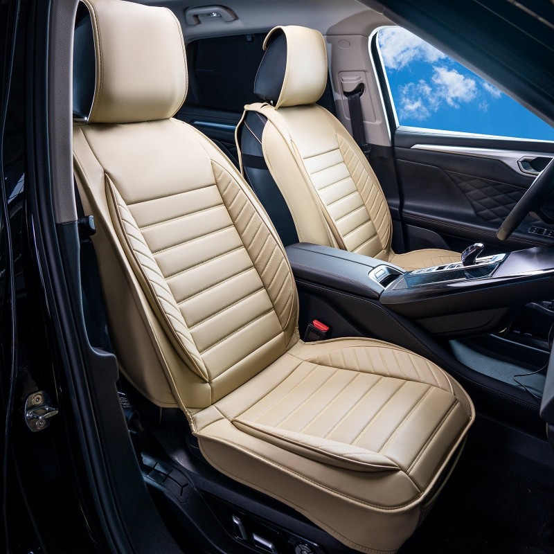 Etuistuinpäälliset 2 kpl hengittävä keinonahka beige useimpiin autoihin turvatyynyjen kanssa yhteensopivat