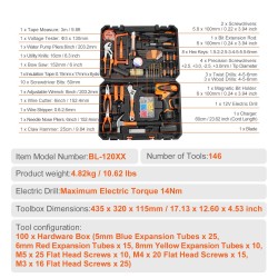 Työkalusarja 146 osaa terästä kromipinnoitteella 14 Nm sähköporakoneella kantolaukulla