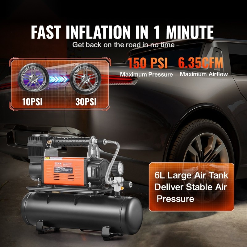 Ilmakompressori 12 voltin raskaan käytön 6 litran säiliöllä digitaalisella painemittarilla