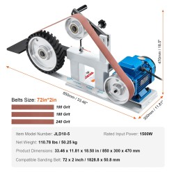 Nauhahiomakone 1500W teräsrunko portaattomalla VFD-taajuusmuuttajalla 72 x 2 tuuman nauhalle 3 hiomanauhaa