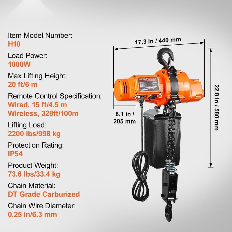 Sähköinen ketjunostin 998 kg nostokyky 6 m nostokorkeus DT-luokan teräsketju