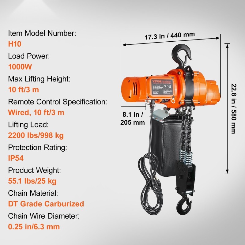Sähköinen ketjutalja 998 kg 3 m nostokorkeus IP54 DT-luokan teräsketju