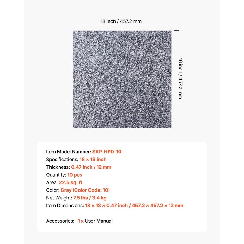 Kokolattialaatat 457 x 457 mm 10 kpl itsekiinnittyvät harmaa polyesteripinta 12 mm