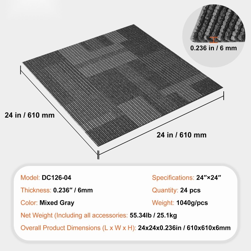 Kokolattialaatat 24 tuuman pehmusteella 24 kpl sekoitettu harmaa