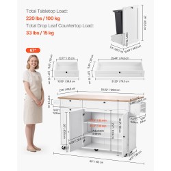Keittiösaareke MDF 153 cm leveä liikuteltava pyörillä alas taittuva jatkolevy kaksi laatikkoa