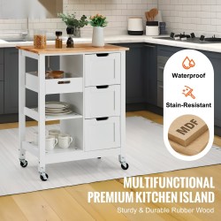 Keittiösaareke 26 tuuman puinen työtaso pyörillä 3 laatikkoa hyllyt valkoinen