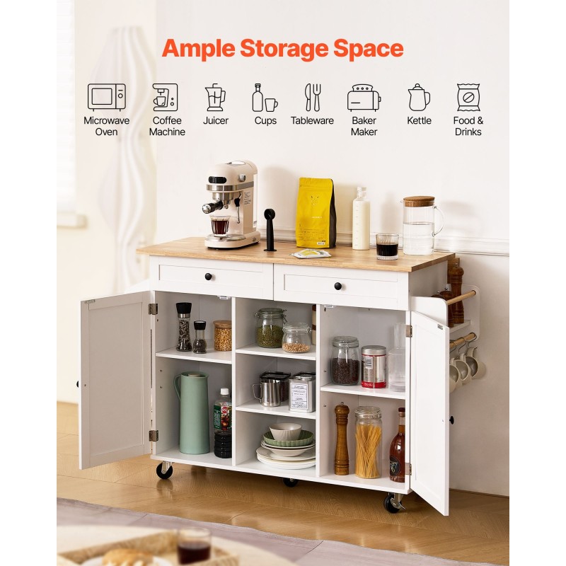 Keittiösaareke täyspuisella työtasolla 132 senttimetriä leveä valkoinen runko laatikoilla kääntyvillä pyörillä