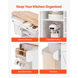 Keittiösaareke täyspuisella työtasolla 132 senttimetriä leveä valkoinen runko laatikoilla kääntyvillä pyörillä