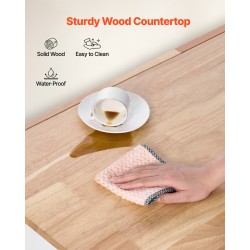 Keittiösaareke täyspuisella työtasolla 132 senttimetriä leveä valkoinen runko laatikoilla kääntyvillä pyörillä