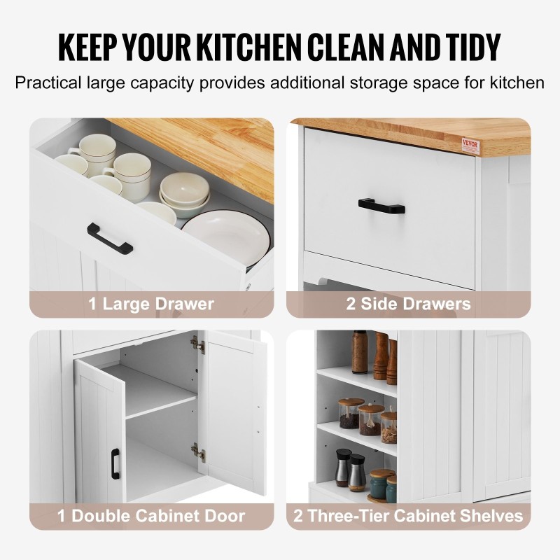 Keittiösaareke 46 tuuman puinen työtaso valkoinen runko säilytyskaappi säädettävä hylly laatikko