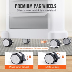 Laboratoriovaunu nelitasoinen ABS-muovinen kolmella vetolaatikolla neljällä pyörällä valkoinen