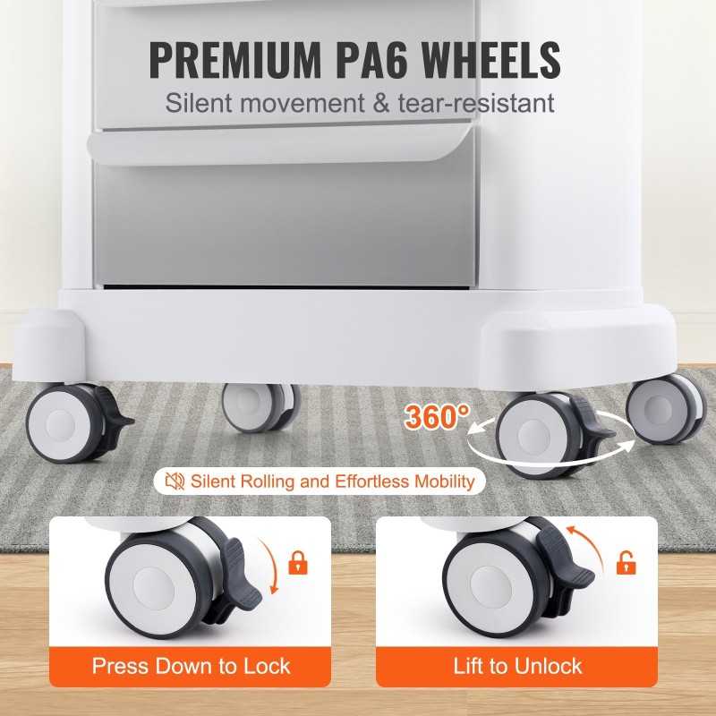 Laboratoriovaunu nelitasoinen ABS-muovinen kolmella vetolaatikolla neljällä pyörällä valkoinen