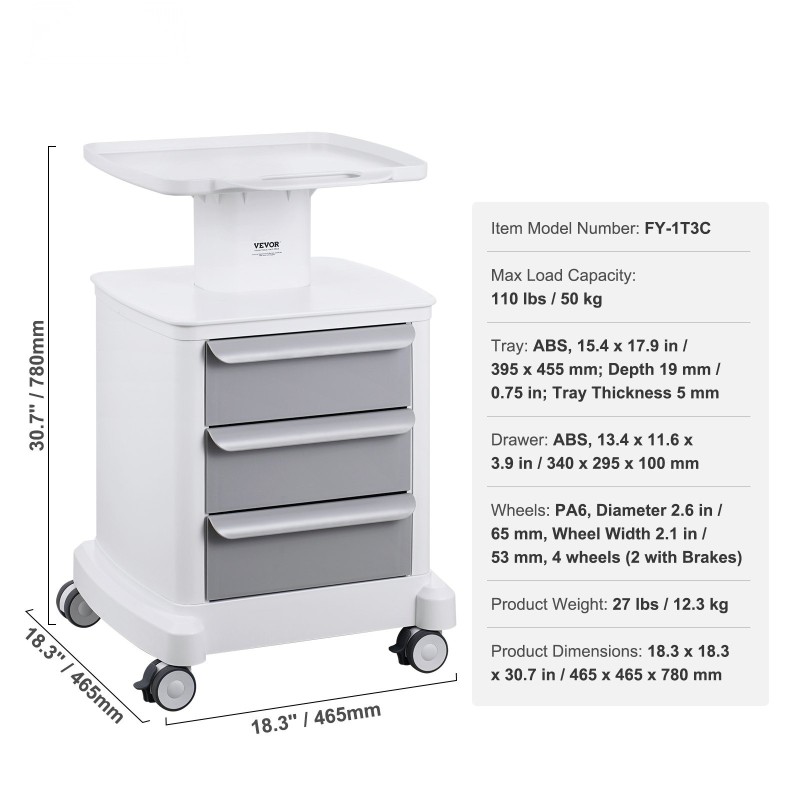 Laboratoriovaunu nelitasoinen ABS-muovinen kolmella vetolaatikolla neljällä pyörällä valkoinen