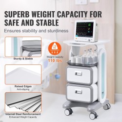 Laboratoriokärry ABS-muovinen kolmitasoinen 2 laatikkoa 4 hiljaista pyörää 2 jarrullista pyörää valkoinen