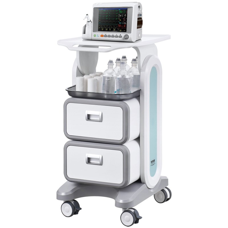 Laboratoriokärry ABS-muovinen kolmitasoinen 2 laatikkoa 4 hiljaista pyörää 2 jarrullista pyörää valkoinen