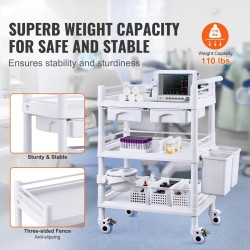 Laboratoriokärry 3 tasoa PP-muovi vetolaatikolla 4 hiljaista pyörää 2 jarrulla 3 roskasäiliötä