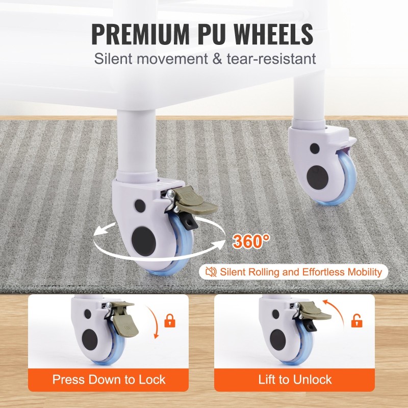 Laboratoriokärry 3 tasoa PP-muovi vetolaatikolla 4 hiljaista pyörää 2 jarrulla 3 roskasäiliötä