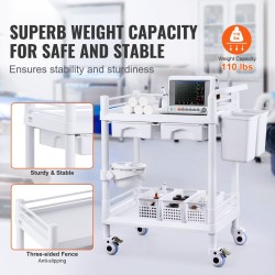 Kaksitasoinen laboratoriovaunu PP-materiaalia 2 tarjotinta 2 laatikkoa 4 pyörää 3 roskasäiliötä