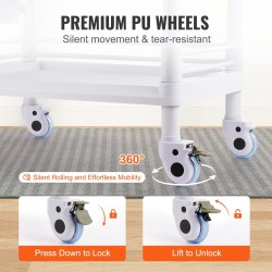 Kaksitasoinen laboratoriovaunu PP-materiaalia 2 tarjotinta 2 laatikkoa 4 pyörää 3 roskasäiliötä