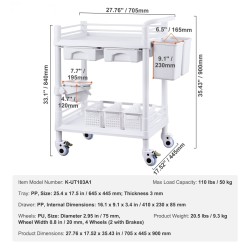 Kaksitasoinen laboratoriovaunu PP-materiaalia 2 tarjotinta 2 laatikkoa 4 pyörää 3 roskasäiliötä