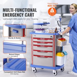 Laboratoriovaunu PP-muovia viidellä vetolaatikolla neljällä hiljaisella pyörällä kaksi roska-astiaa