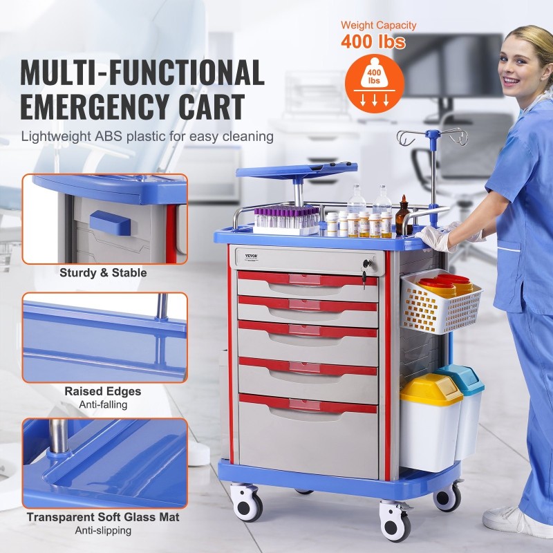 Laboratoriovaunu PP-muovia viidellä vetolaatikolla neljällä hiljaisella pyörällä kaksi roska-astiaa