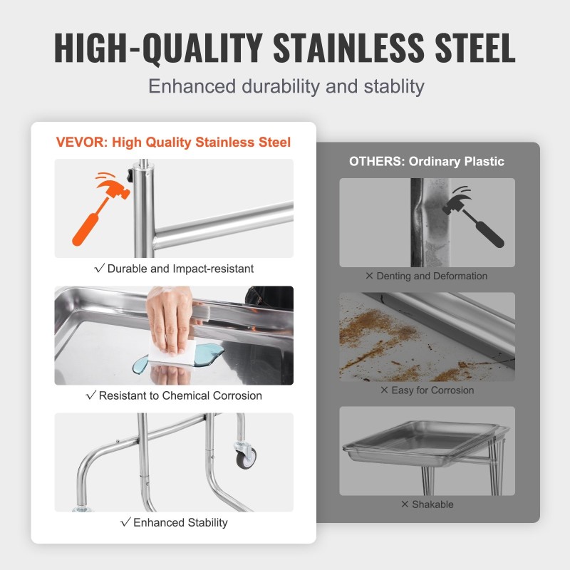 Laboratoriovaunu ruostumatonta terästä yksi tarjotin kaksi hiljaista pyörää säädettävä korkeus laboratorioihin