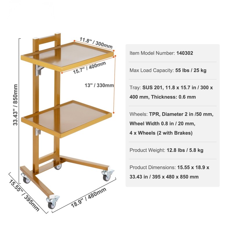 Laboratoriovaunu ruostumattomasta teräksestä kaksitasoinen kaksi tarjotinta säädettävä korkeus neljä pyörää