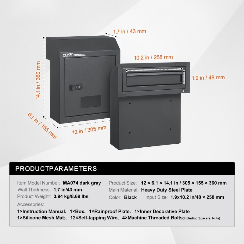 Oven läpi asennettava avain ja postilaatikko numerolukolla tummanharmaa teräsrunko