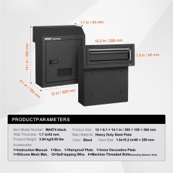 Teräksinen läpi oven asennettava postilaatikko musta yhdistelmälukolla sadepellillä