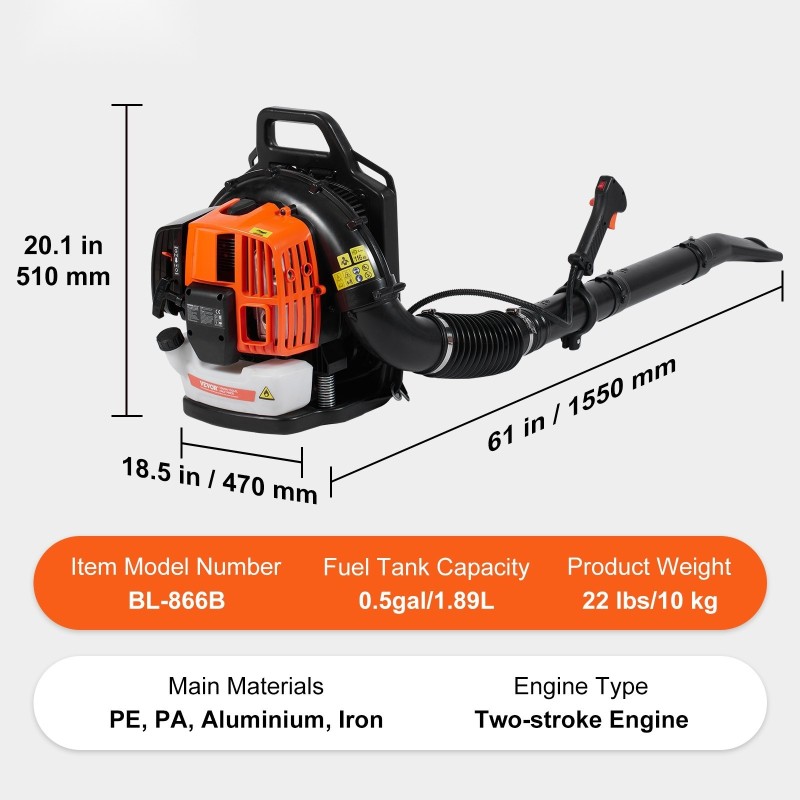 Reppumallinen kaksitahtinen bensiinikäyttöinen lehtipuhallin 63 cm3 1,89 l 1110 CFM