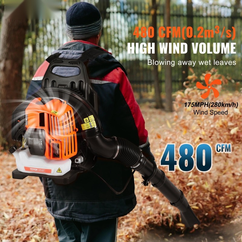 Reppu-lehtipuhallin kaksitahtimoottori 52 cm3 1,37 l polttoainesäiliö pihan siivoukseen