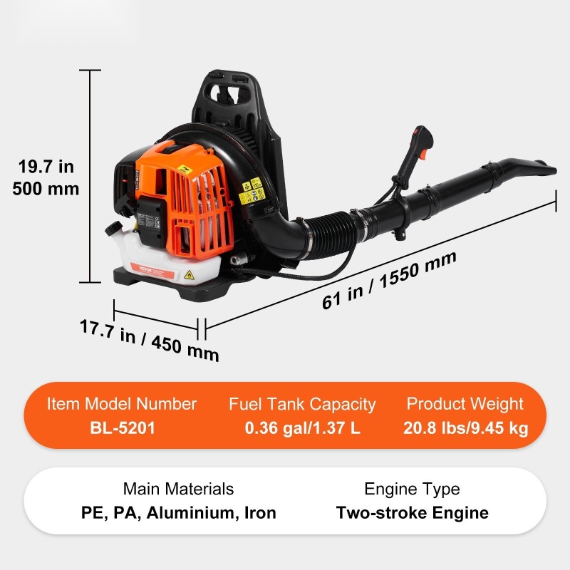 Reppu-lehtipuhallin kaksitahtimoottori 52 cm3 1,37 l polttoainesäiliö pihan siivoukseen