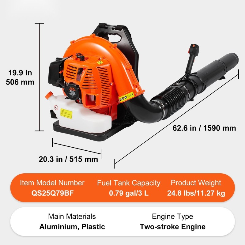 Reppumallinen bensiinilehtipuhallin 79 cm3 kaksitahtimoottori 3 l polttoainesäiliö lehtien ja lumen puhdistukseen