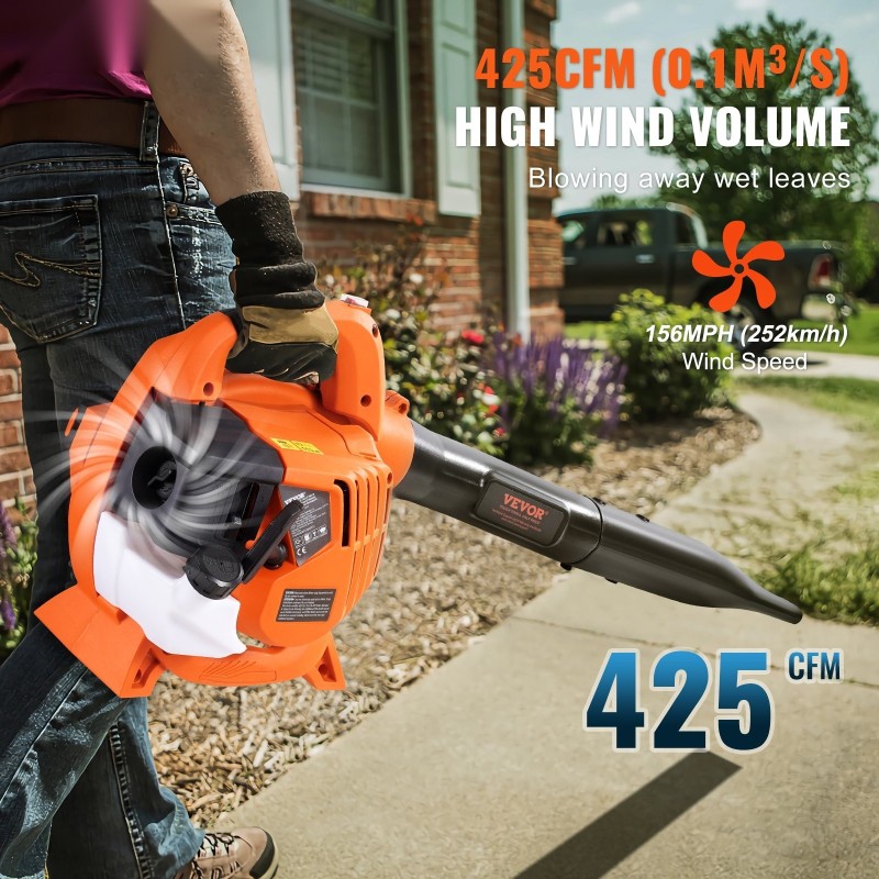Bensiinikäyttöinen lehtipuhallin 26 cm3 kaksitahtinen alumiini muovi lehtien ja kevyen lumen poistoon