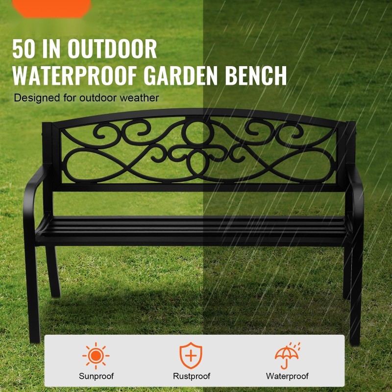 Metallinen puutarhapenkki 127 cm 250 kg kantavuus selkänojalla ja käsinojilla puutarhaan