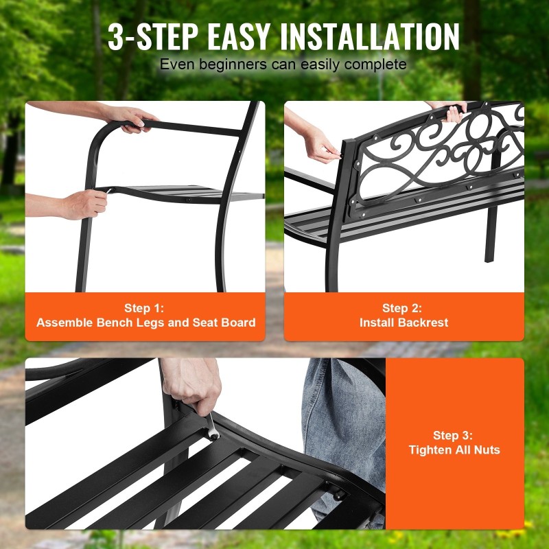 Metallinen puutarhapenkki 127 cm 250 kg kantavuus selkänojalla ja käsinojilla puutarhaan