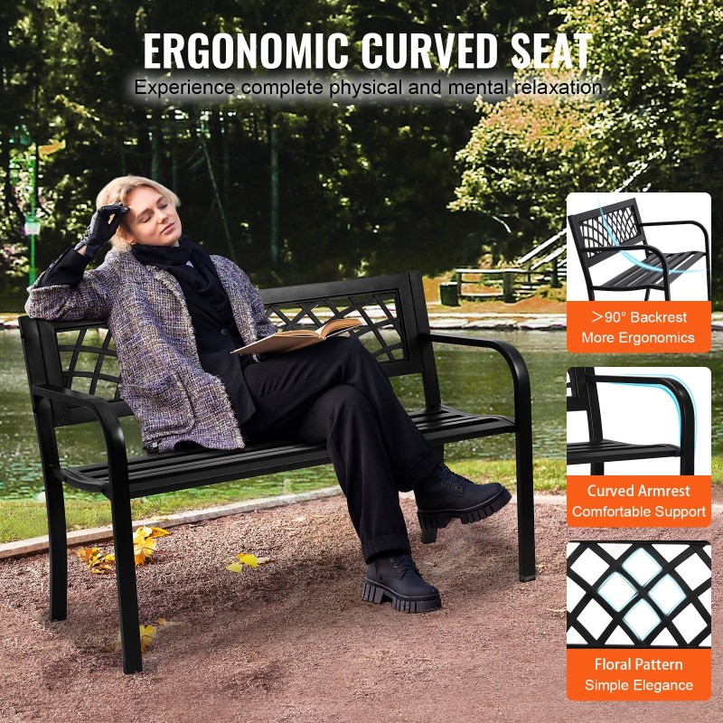 Metallinen puutarhapenkki 117 cm 1–3 henkilölle 218 kg kantavuus selkänoja ulkokäyttöön