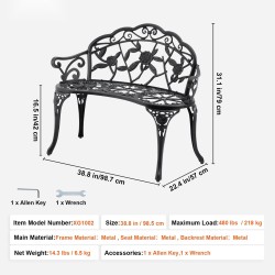 Metallinen ulkopenkki 98,5 cm leveä 218 kg kantavuus selkänojalla ja käsinojilla