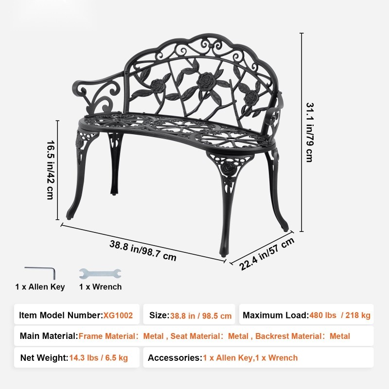 Metallinen ulkopenkki 98,5 cm leveä 218 kg kantavuus selkänojalla ja käsinojilla