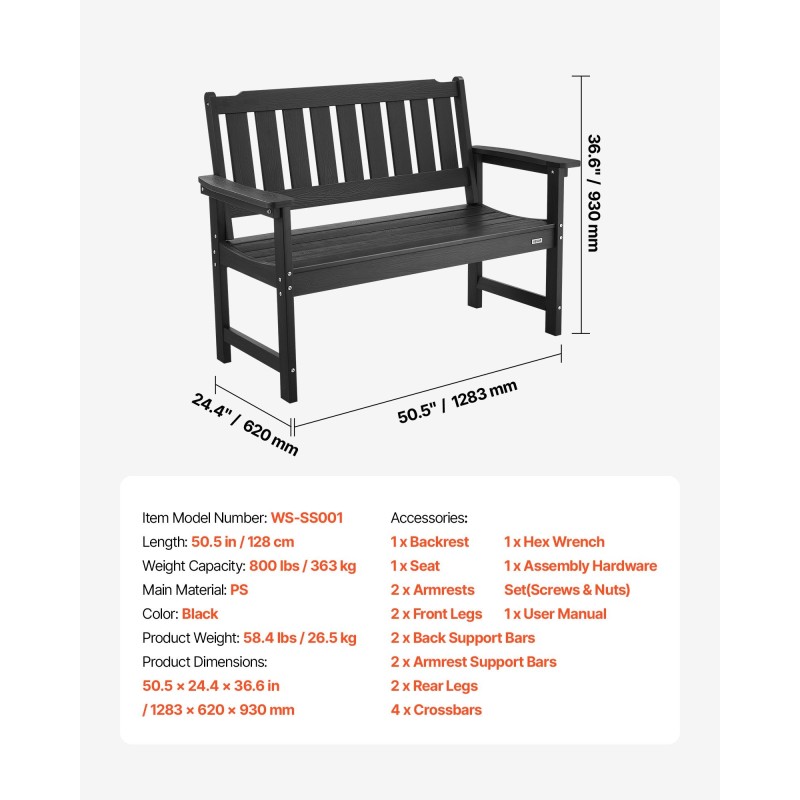 Ulkopenkki PS-muovinen 128 cm 2–3 henkilölle 363 kg musta